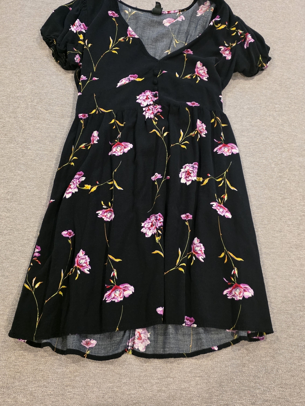 Black Floral V-Neck Dress with Pink Roses